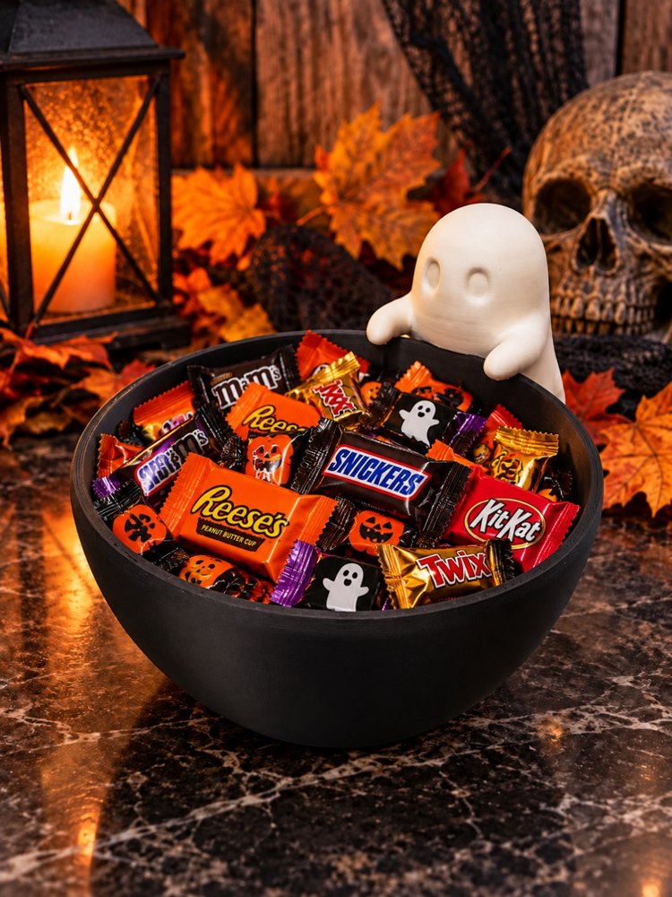 A white ghost leaning over a black bowl of wrapped Halloween candy